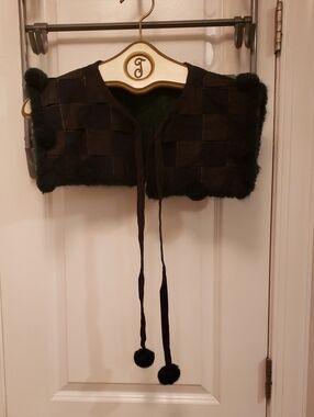 Black and Green Patchwork wool Cropped Shawl with wool Pom Ties